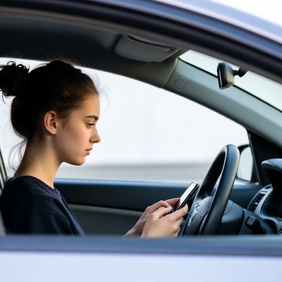 Young woman texting while driving