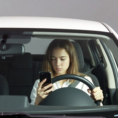 Woman driving car texting phone