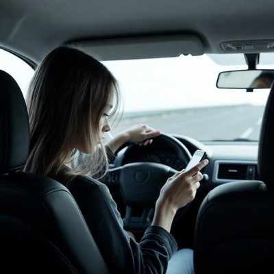 Woman texting while driving car