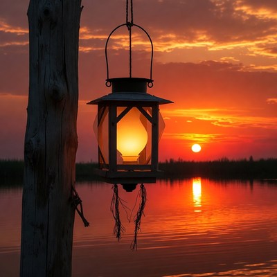 Lantern Hanging on Post at Sunset