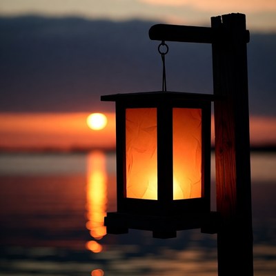 Lantern Hanging by Lake at Sunset