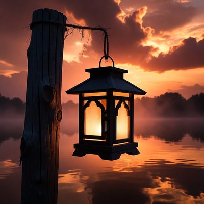 Lantern Hanging on Post by Lake