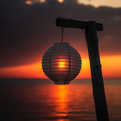Paper Lantern Hanging on Wooden Post at Sunset