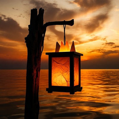 Lantern Hanging from Wooden Post at Sunset