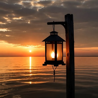 Lantern on wooden post at sunset lake