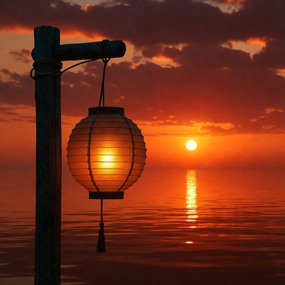 Hanging paper lantern at sunset over water