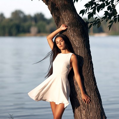 Woman leaning against tree by lake