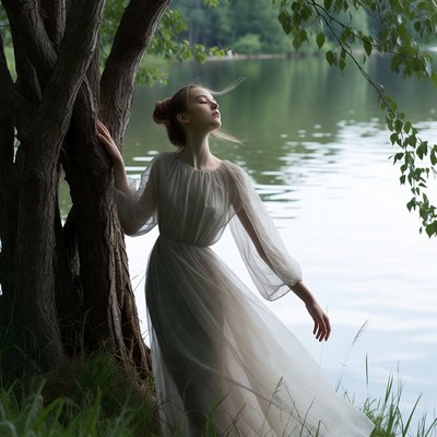 Woman in white dress by lake tree