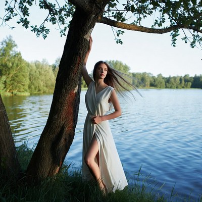 Woman in white dress by lake tree