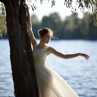 Woman dancing by willow tree lake
