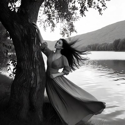 Woman leaning on tree by lake