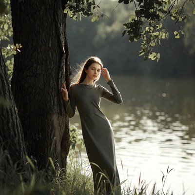 Woman leaning against tree by lake