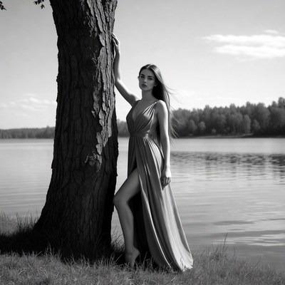 Woman leaning against tree by lake
