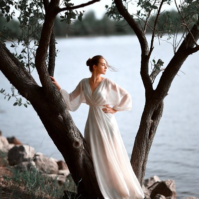 Woman in white dress by lake tree