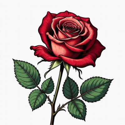 Red Rose with Leaves