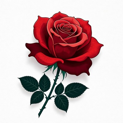 Red Rose with Stem and Thorns