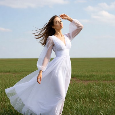 Woman in white flowing dress in field