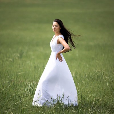Asian woman in white dress in green field