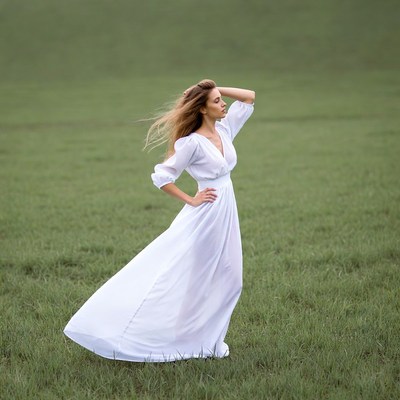 Woman in white dress in green field