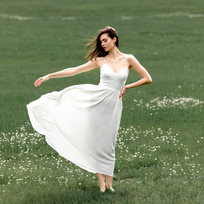 Woman dancing in white dress in grass