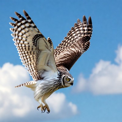 Barn Owl Flying in Blue Sky