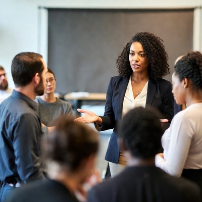 African-American woman leading group discussion