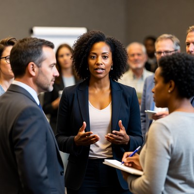 African-American woman leading business meeting