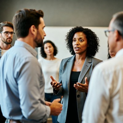 African-American woman leading business meeting