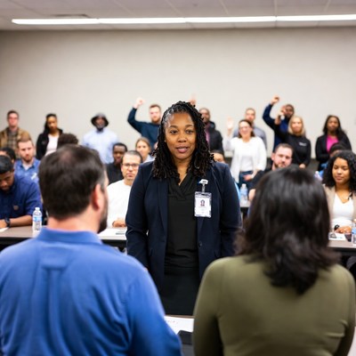 African-American woman leading meeting
