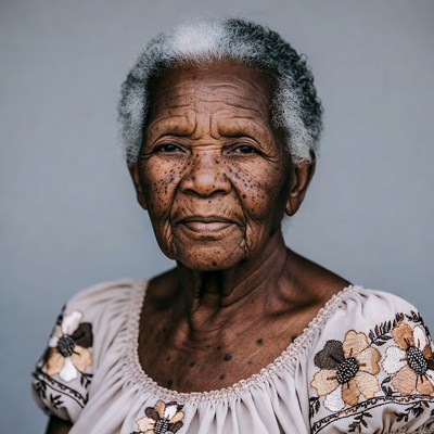 Elderly African woman in embroidered blouse