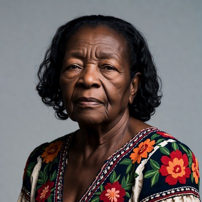 Elderly African-American woman in embroidered dress