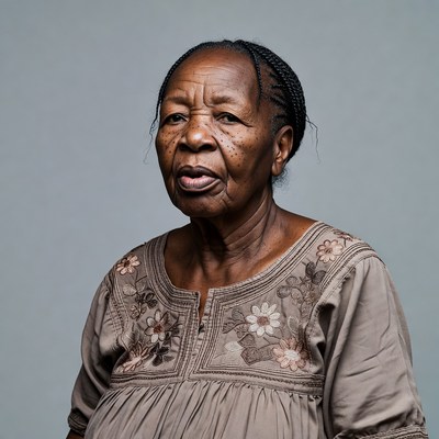 Elderly African woman in embroidered dress