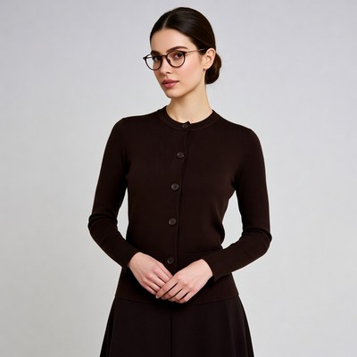 Woman in brown cardigan and skirt