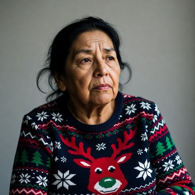 Elderly woman in reindeer Christmas sweater