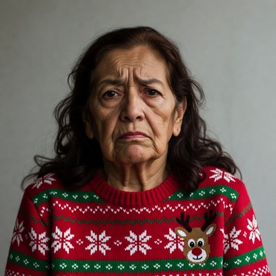 Elderly woman in reindeer Christmas sweater