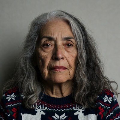 Elderly woman in reindeer sweater