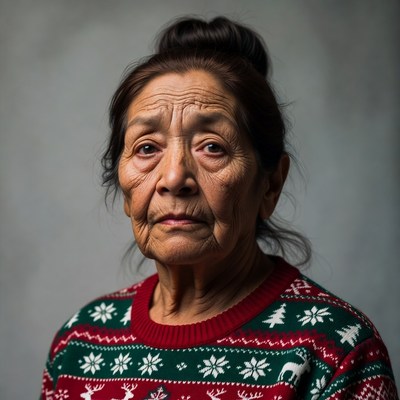 Elderly Asian woman in Christmas sweater