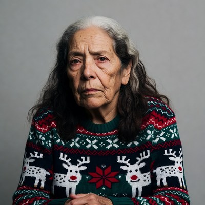 Elderly woman in reindeer Christmas sweater
