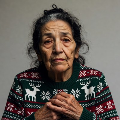 Elderly woman in reindeer Christmas sweater