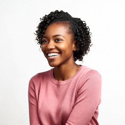 Smiling African-American woman in pink sweater