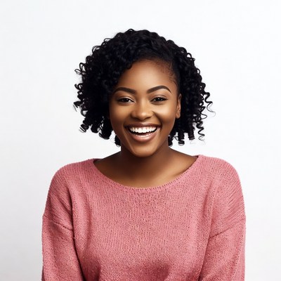 Smiling African-American woman in pink sweater