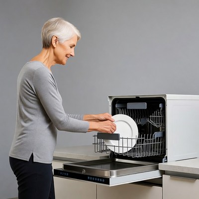 Elderly woman loading dishwasher
