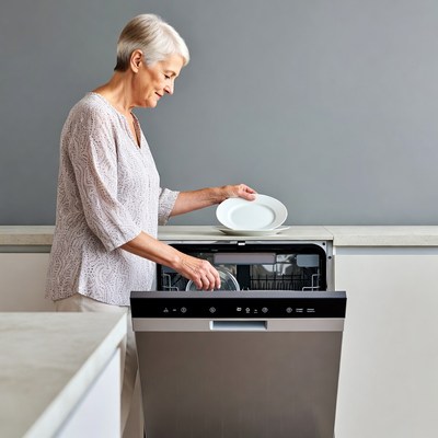 Elderly woman loading dishwasher