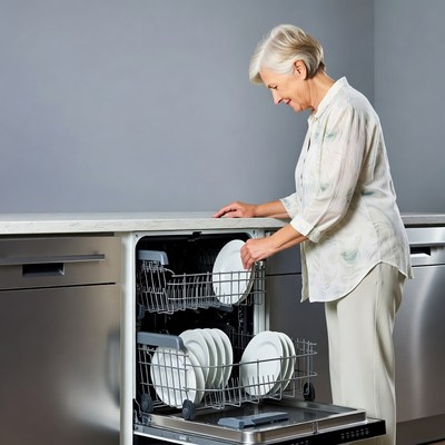 Elderly woman loading dishwasher