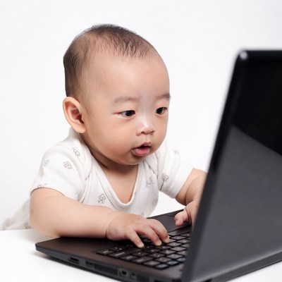 Asian baby using laptop