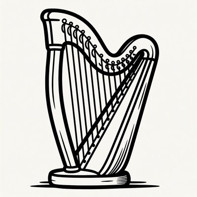 Black and white harp illustration