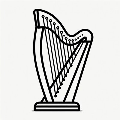 Black line art harp illustration