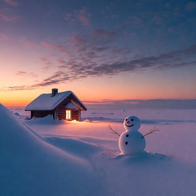 Snowman by snowy cabin at sunset