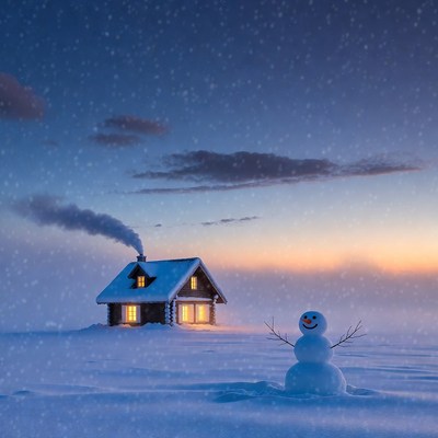Snowman beside snowy cottage at dusk