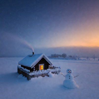 Snowy Cabin with Snowman